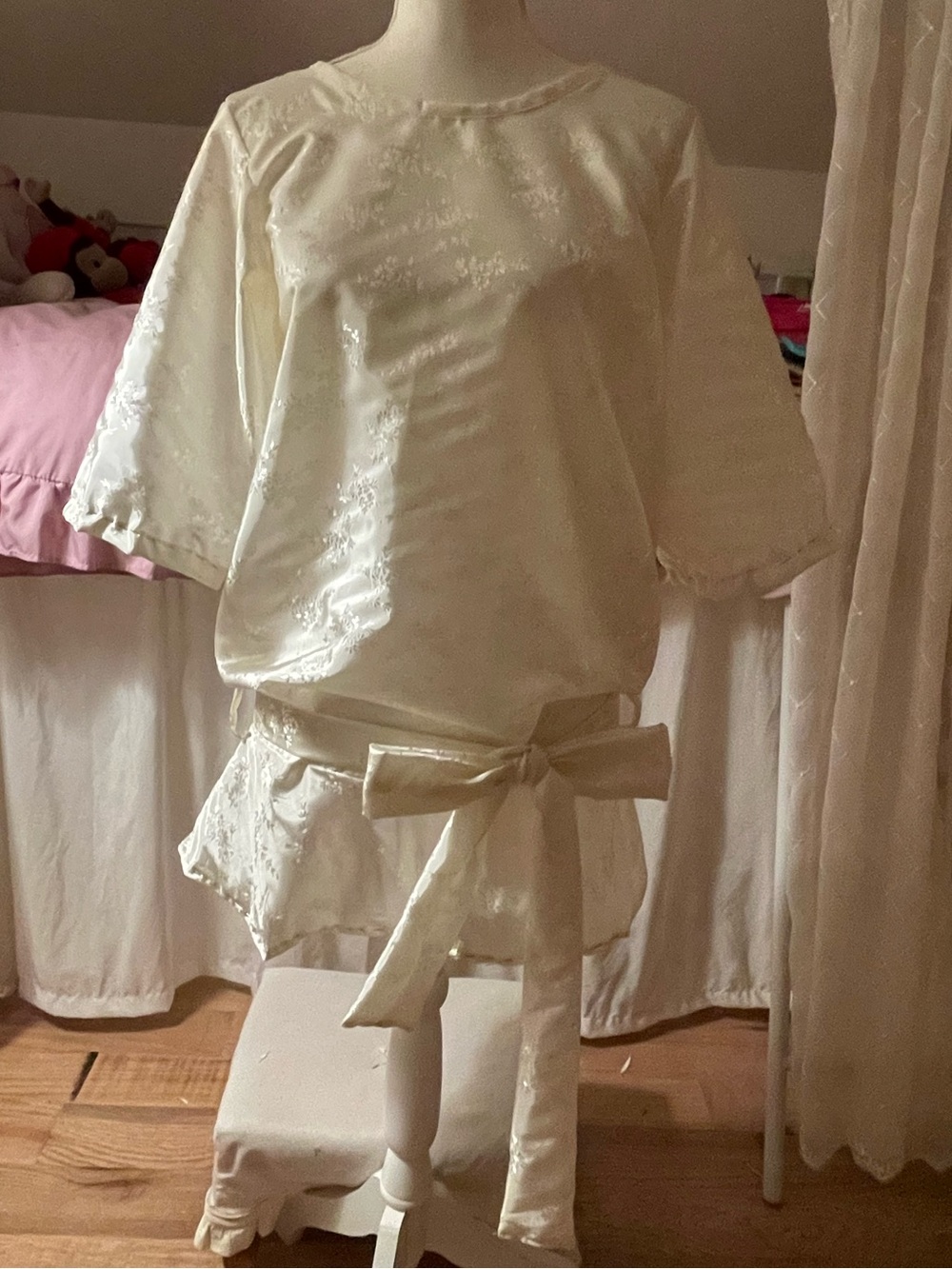 Hand Made Women's Cream Satin Drop Waist Dress with Waist Tie